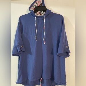 Matilda Jane Blue Hoodie Top with Floral Accents, short sleeve, women’s size L